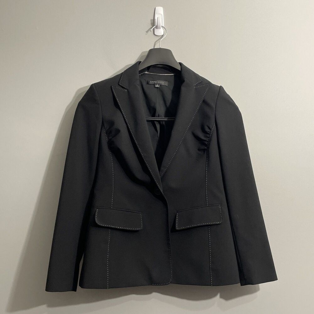 Anne Klein Women’s 8 Black Blazer White Contrast Stitching Tailored Workwear
